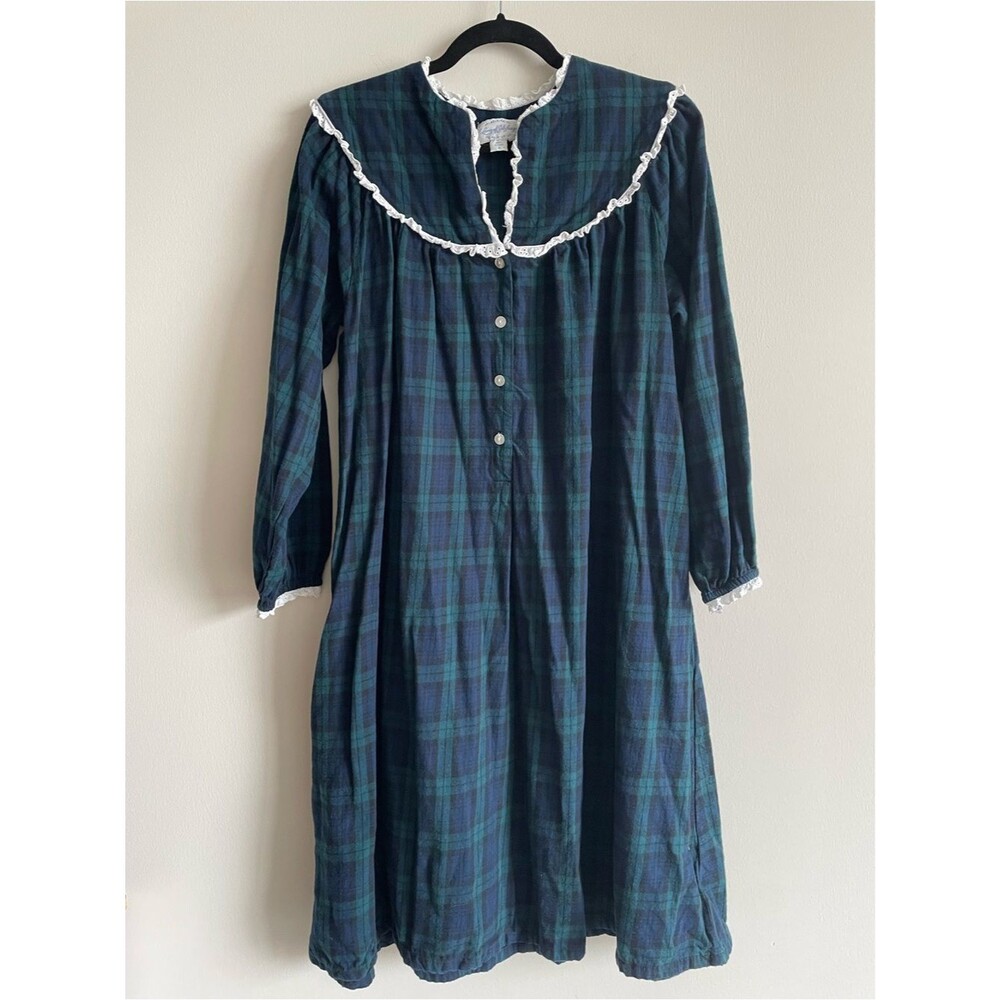 Lanz of Salzburg Nightgown Womens Plaid Flannel Blackwatch Blue Green Modest M